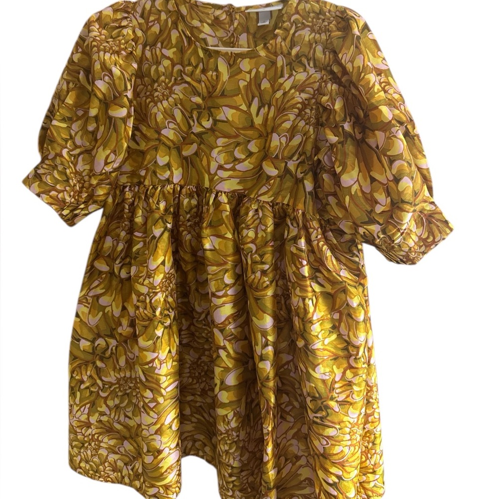 Kika Vargas Yellow Floral‎ Baby Doll Short Dress Puffed Sleeves size Medium